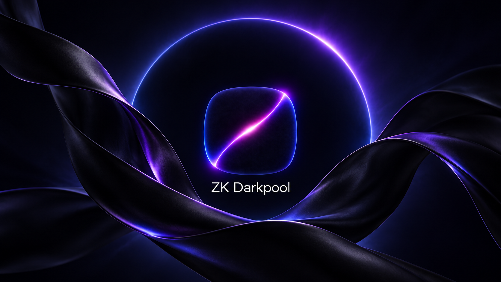 ZK Darkpool wordmark beneath the glowing mark, framed by a violet ring and dark folded metal.